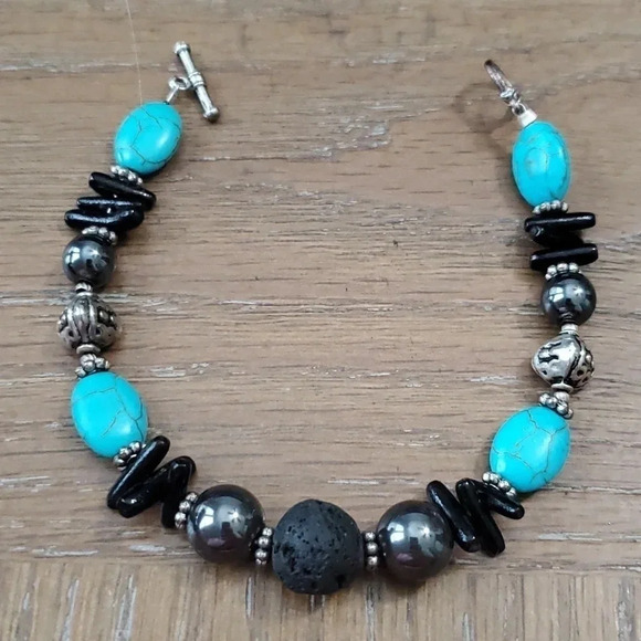 Turquoise color stones with hematite and lava stone bracet - Picture 1 of 3